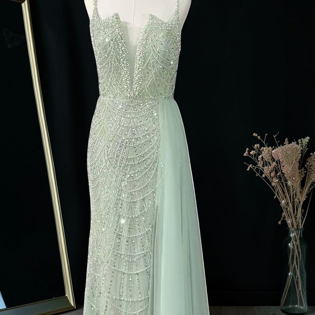 Glamorous Beaded Evening Dress with High Slit and Tulle Overlay SL192