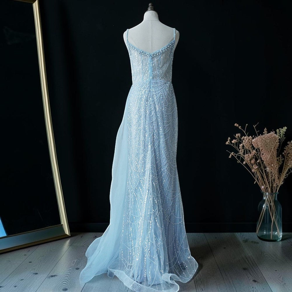 Glamorous Beaded Evening Dress with High Slit and Tulle Overlay SL192