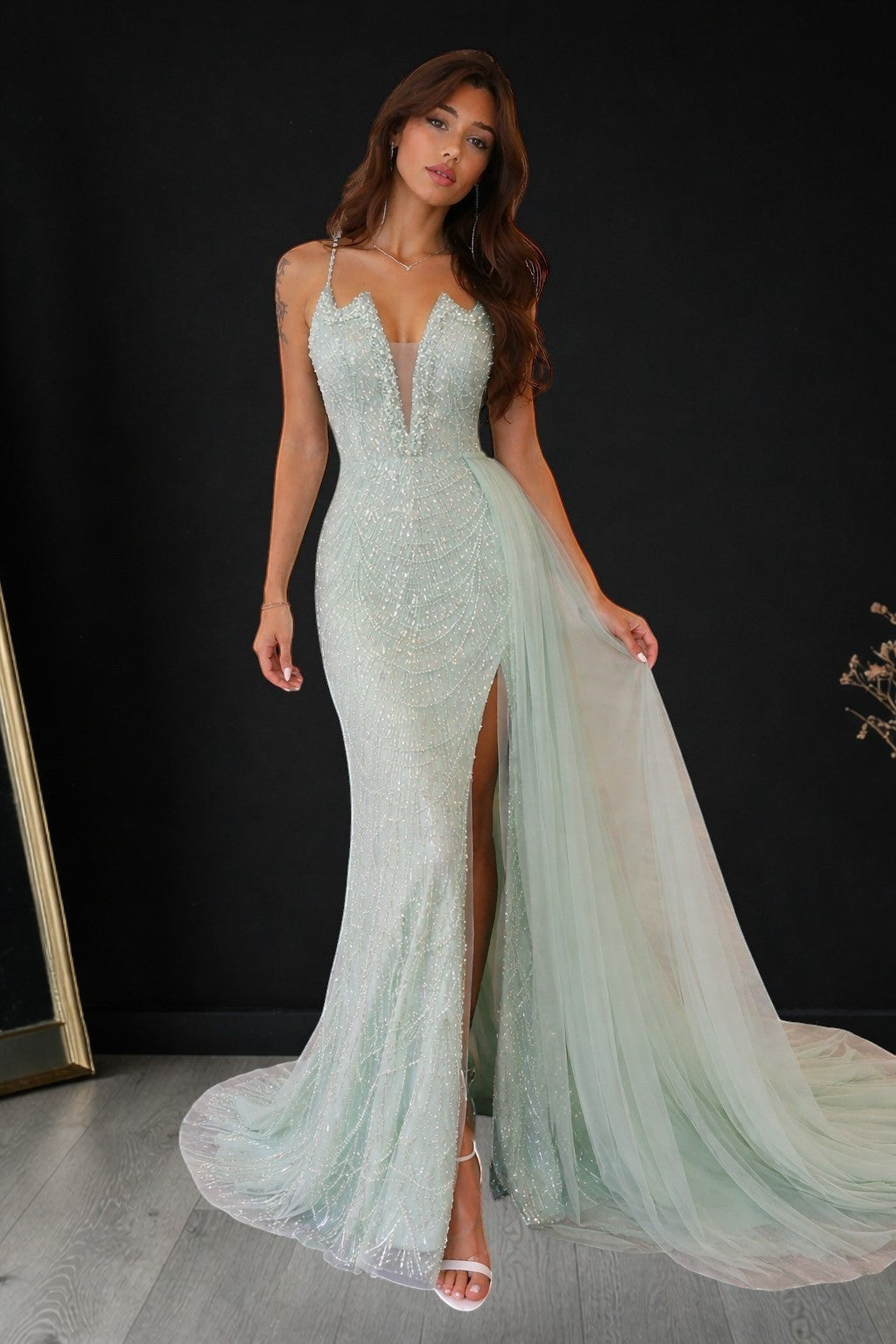 Glamorous Beaded Evening Dress with High Slit and Tulle Overlay SL192