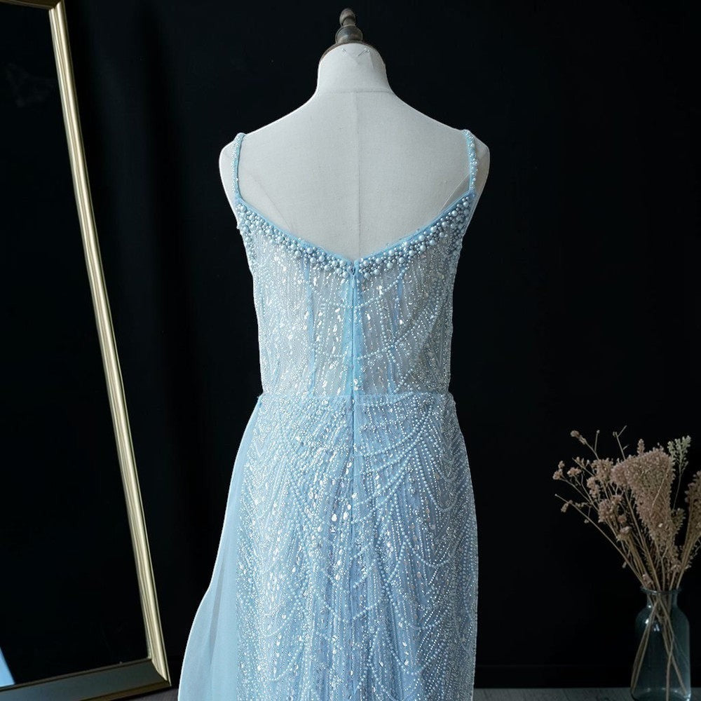 Glamorous Beaded Evening Dress with High Slit and Tulle Overlay SL192