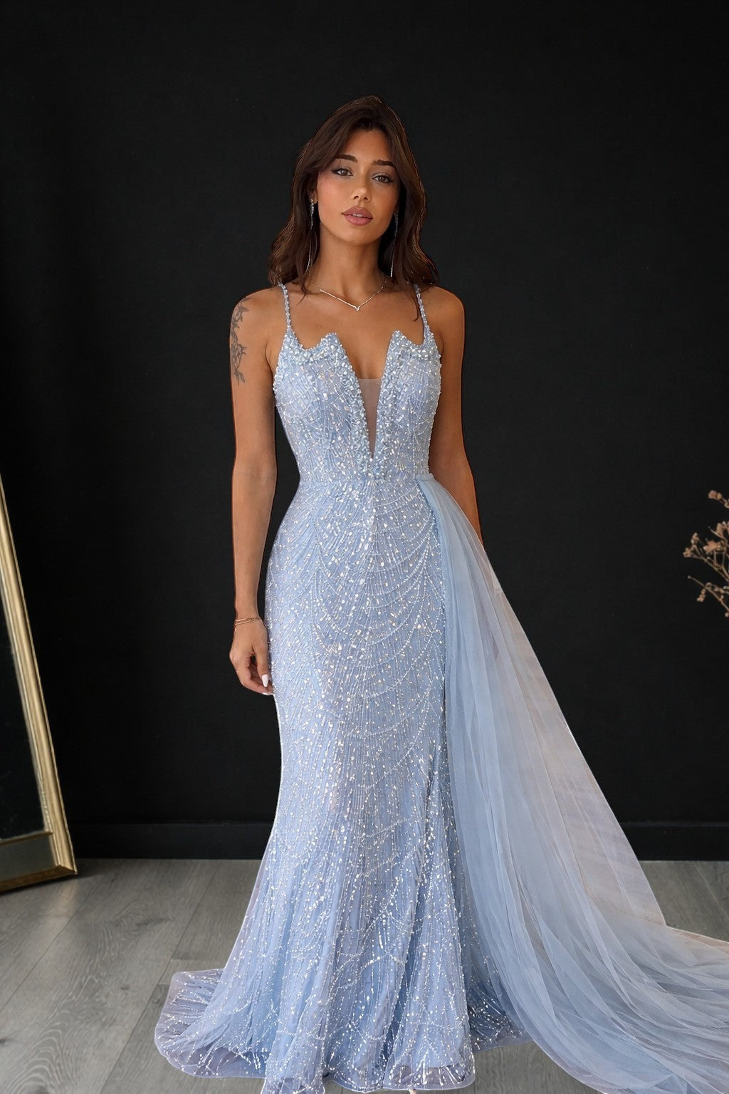 Glamorous Beaded Evening Dress with High Slit and Tulle Overlay SL192