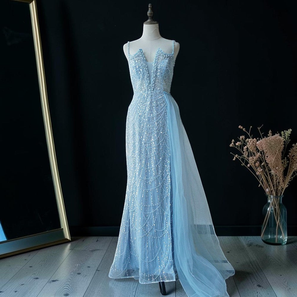 Glamorous Beaded Evening Dress with High Slit and Tulle Overlay SL192