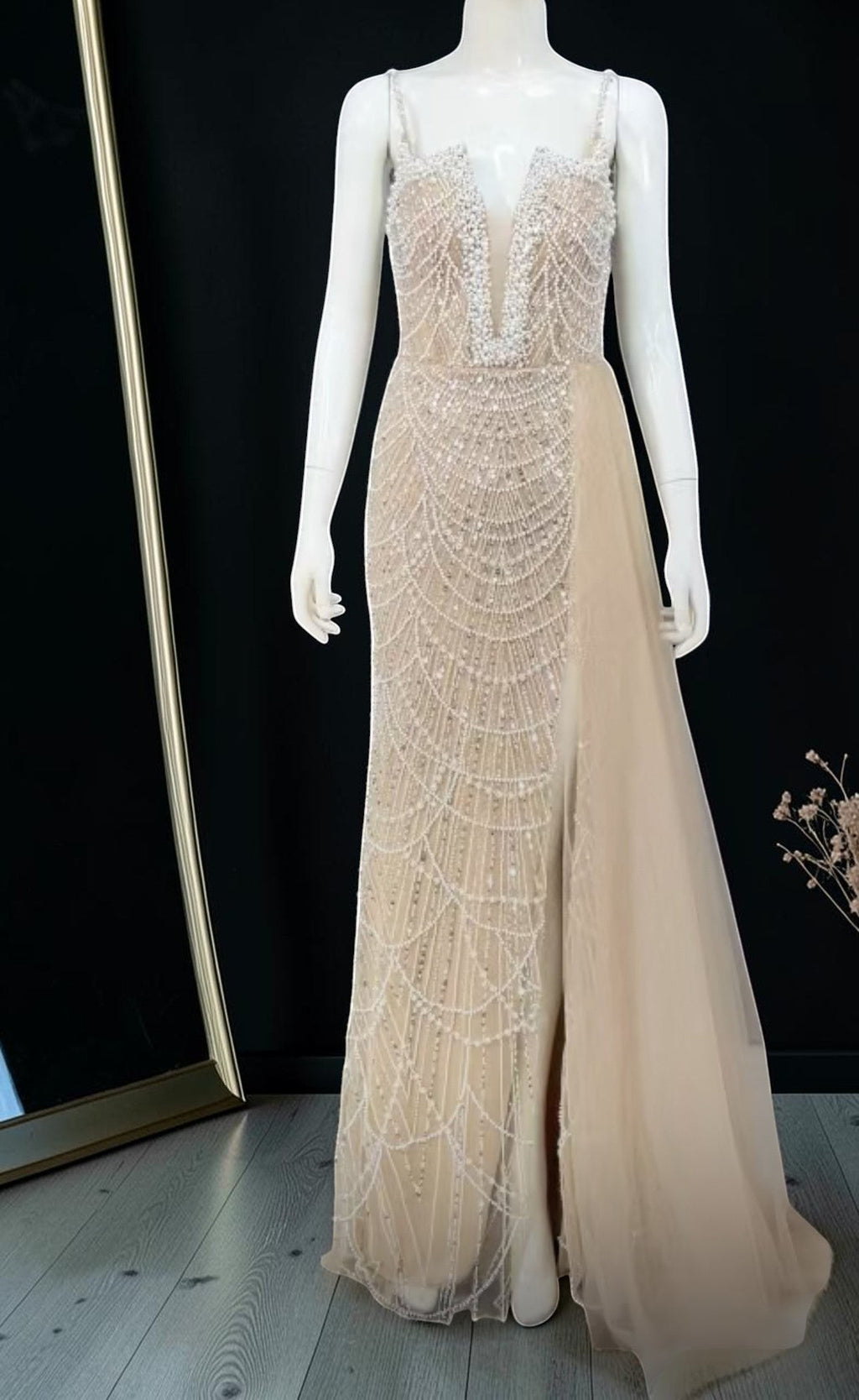 Glamorous Beaded Evening Dress with High Slit and Tulle Overlay SL192