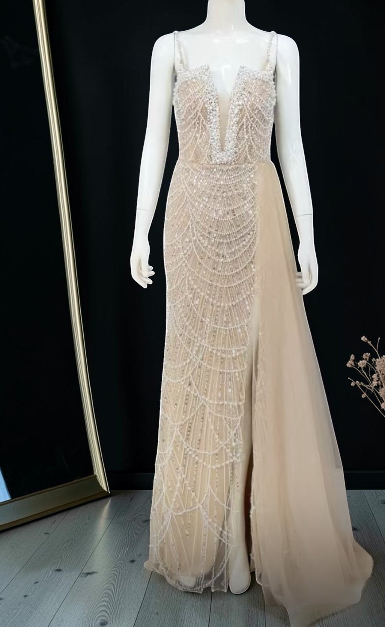 Glamorous Beaded Evening Dress with High Slit and Tulle Overlay SL192