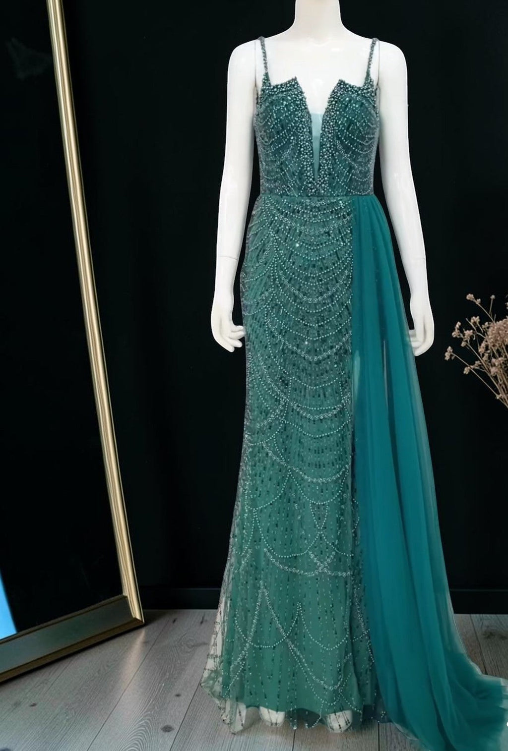Glamorous Beaded Evening Dress with High Slit and Tulle Overlay SL192