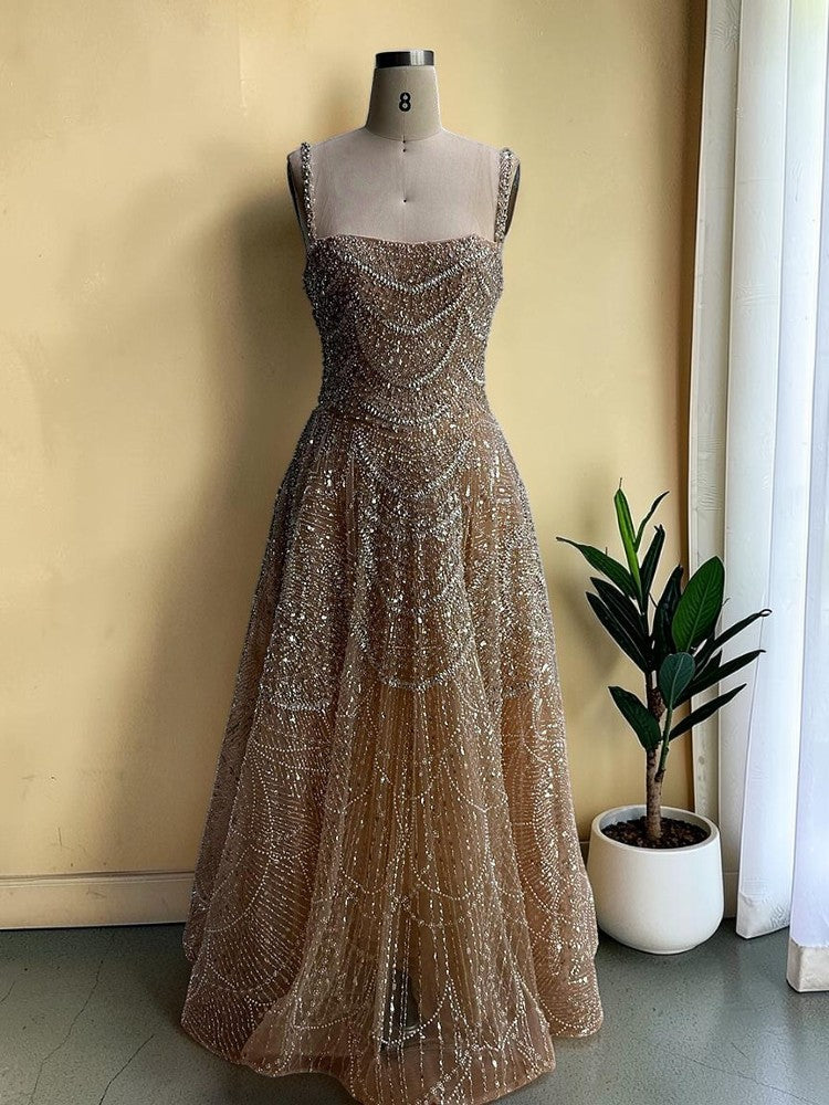 Glamorous Champagne Glitter Formal Dress with Spaghetti Straps SL202