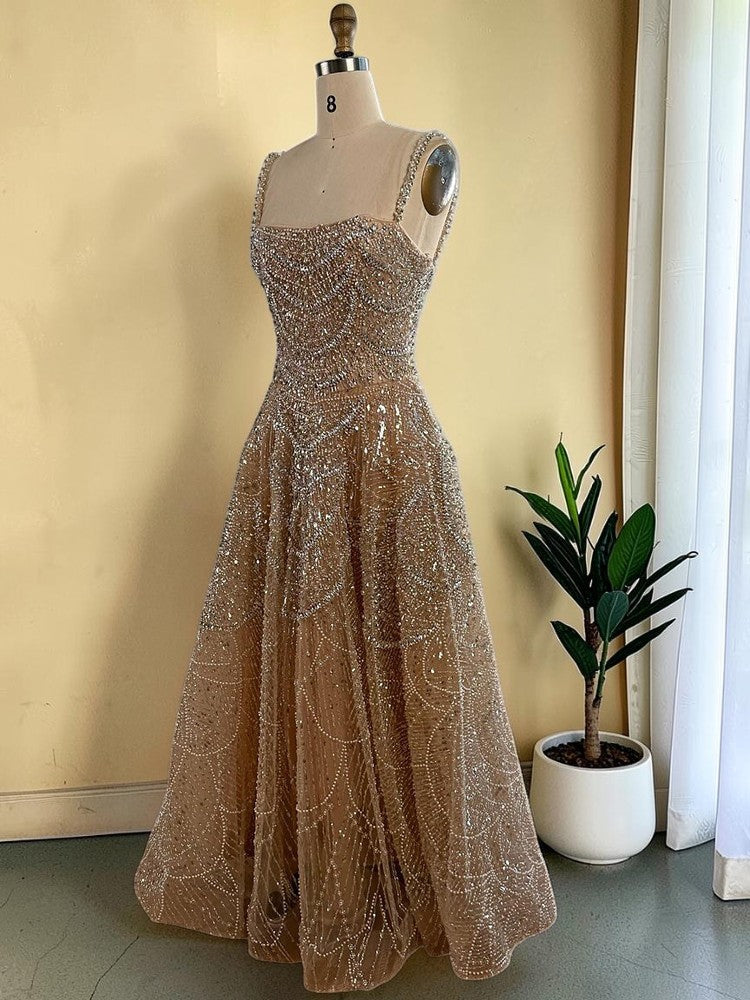 Glamorous Champagne Glitter Formal Dress with Spaghetti Straps SL202