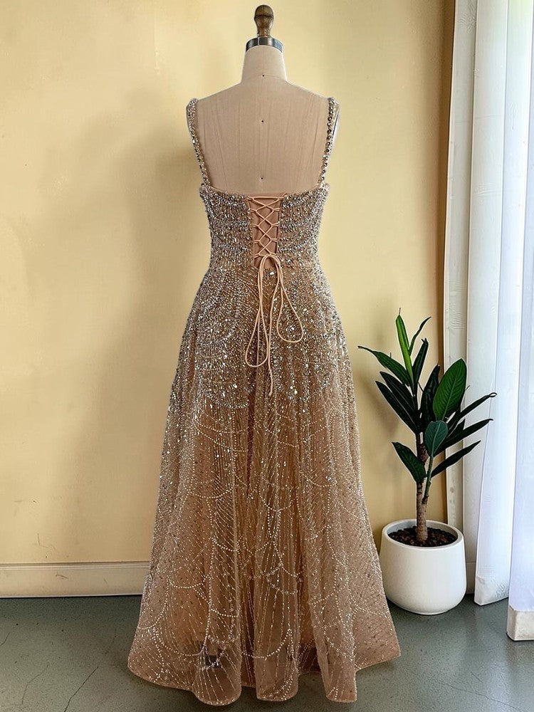 Glamorous Champagne Glitter Formal Dress with Spaghetti Straps SL202