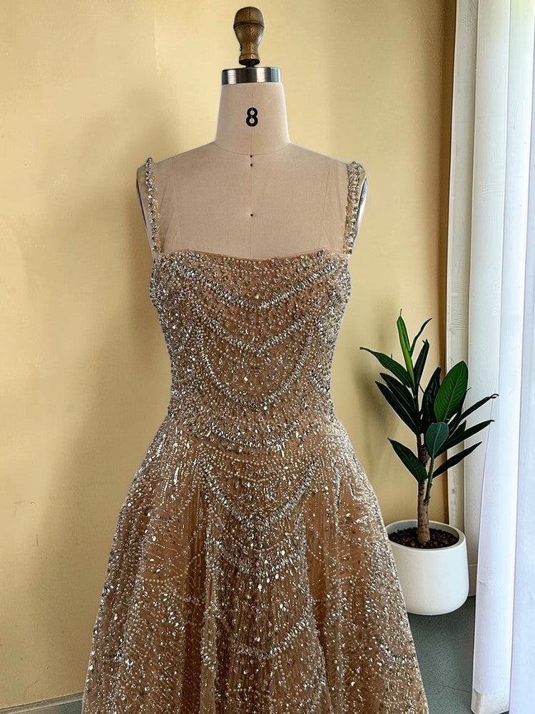 Glamorous Champagne Glitter Formal Dress with Spaghetti Straps SL202