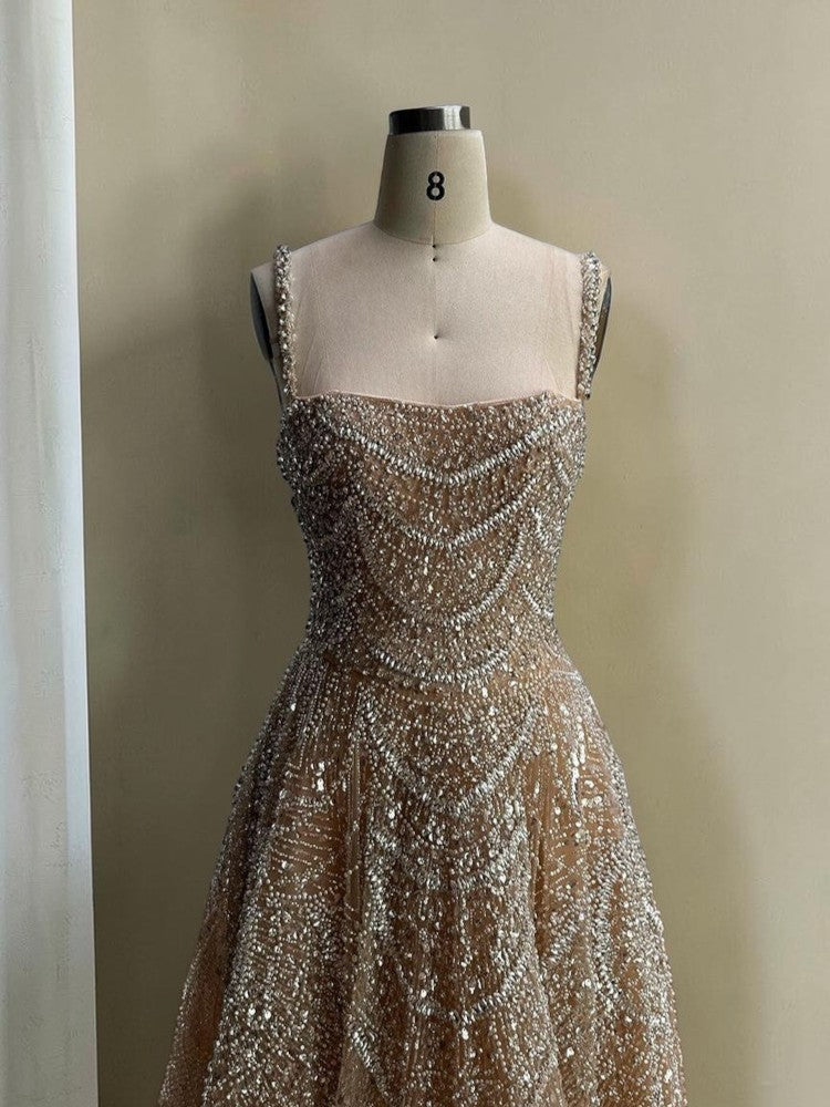 Glamorous Champagne Glitter Formal Dress with Spaghetti Straps SL202
