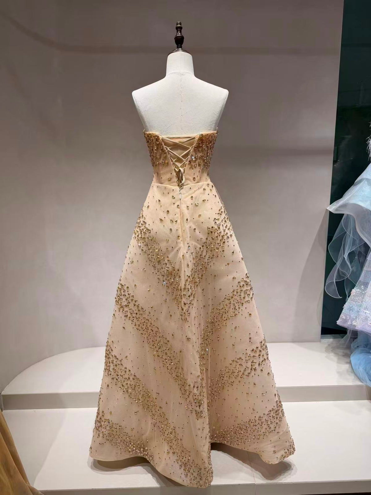 Glittering Champagne Strapless Evening Dress Beaded A-Line Formal Gown SL225