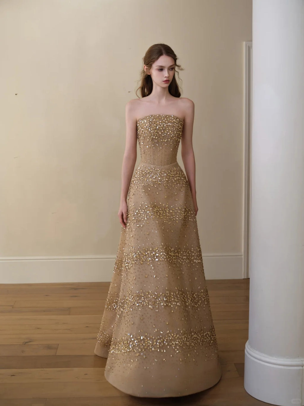 Glittering Champagne Strapless Evening Dress Beaded A-Line Formal Gown SL225