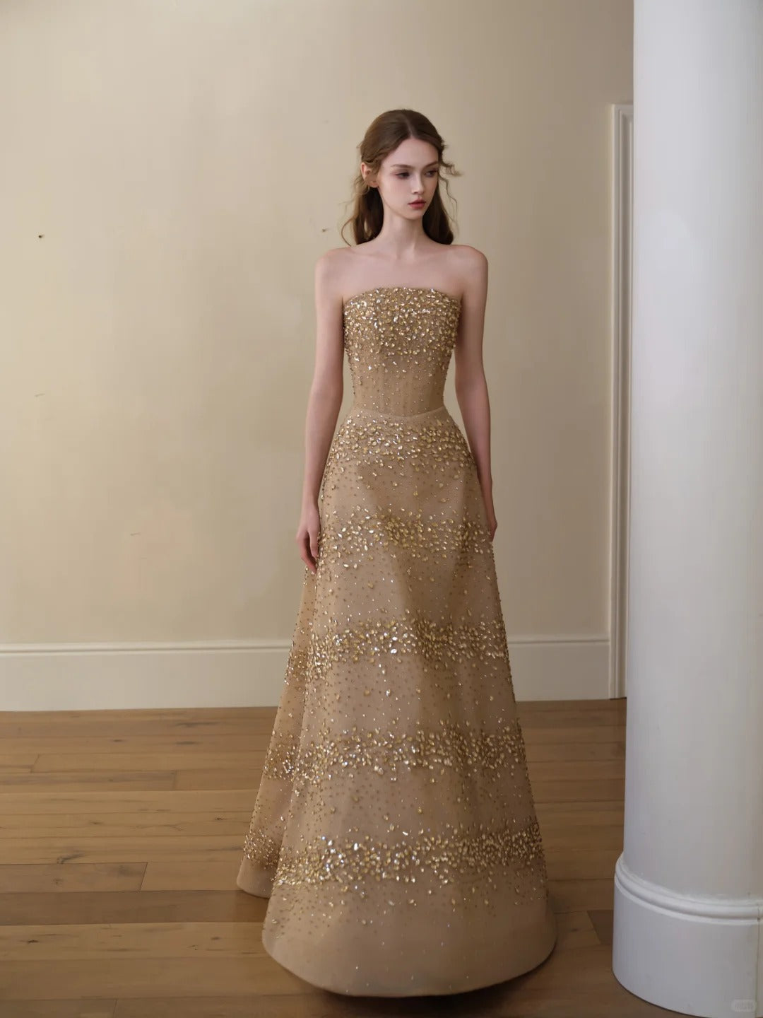Glittering Champagne Strapless Evening Dress Beaded A-Line Formal Gown SL225