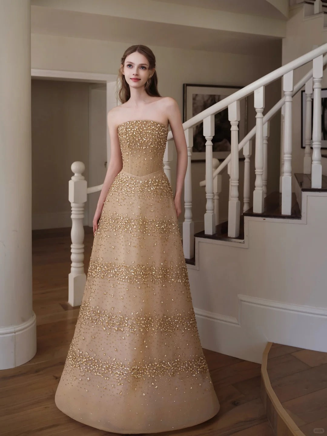 Glittering Champagne Strapless Evening Dress Beaded A-Line Formal Gown SL225