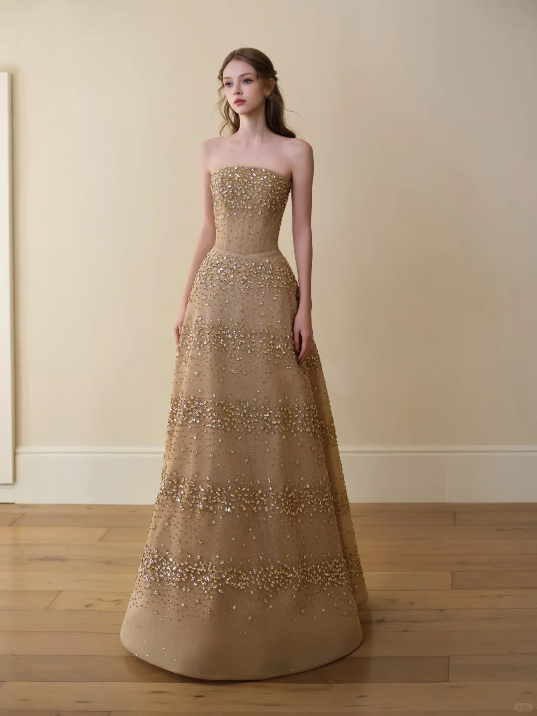 Glittering Champagne Strapless Evening Dress Beaded A-Line Formal Gown SL225