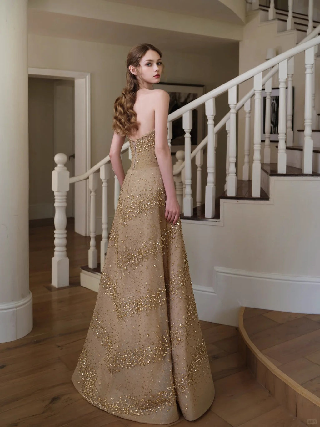 Glittering Champagne Strapless Evening Dress Beaded A-Line Formal Gown SL225