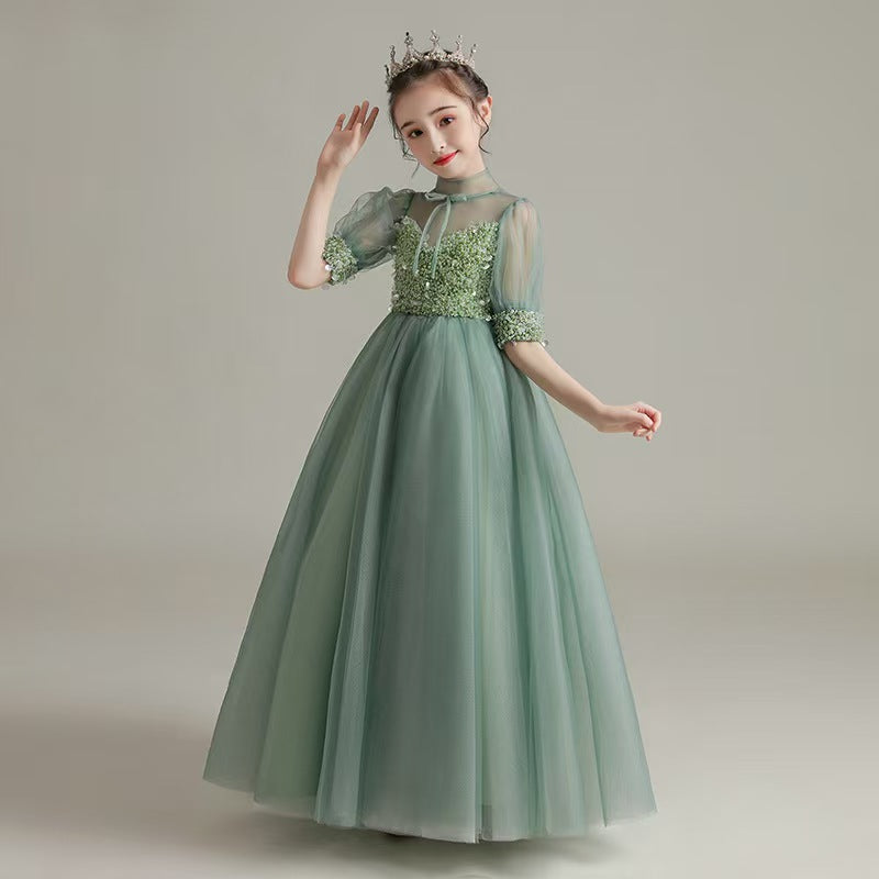 Chic Green Tulle Flower Girl Dress for Garden themed Weddings L020