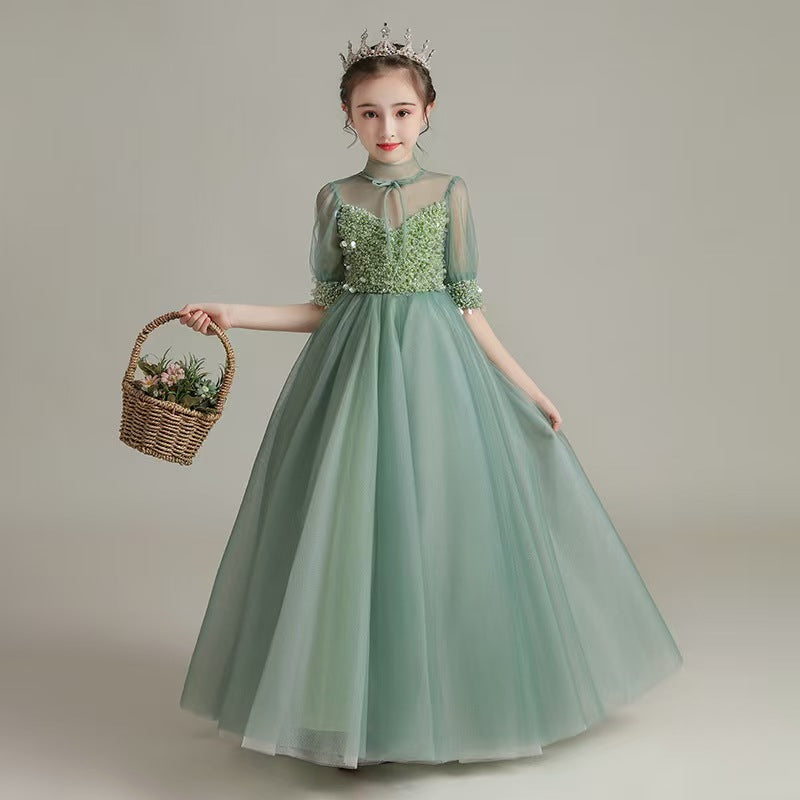 Chic Green Tulle Flower Girl Dress for Garden themed Weddings L020