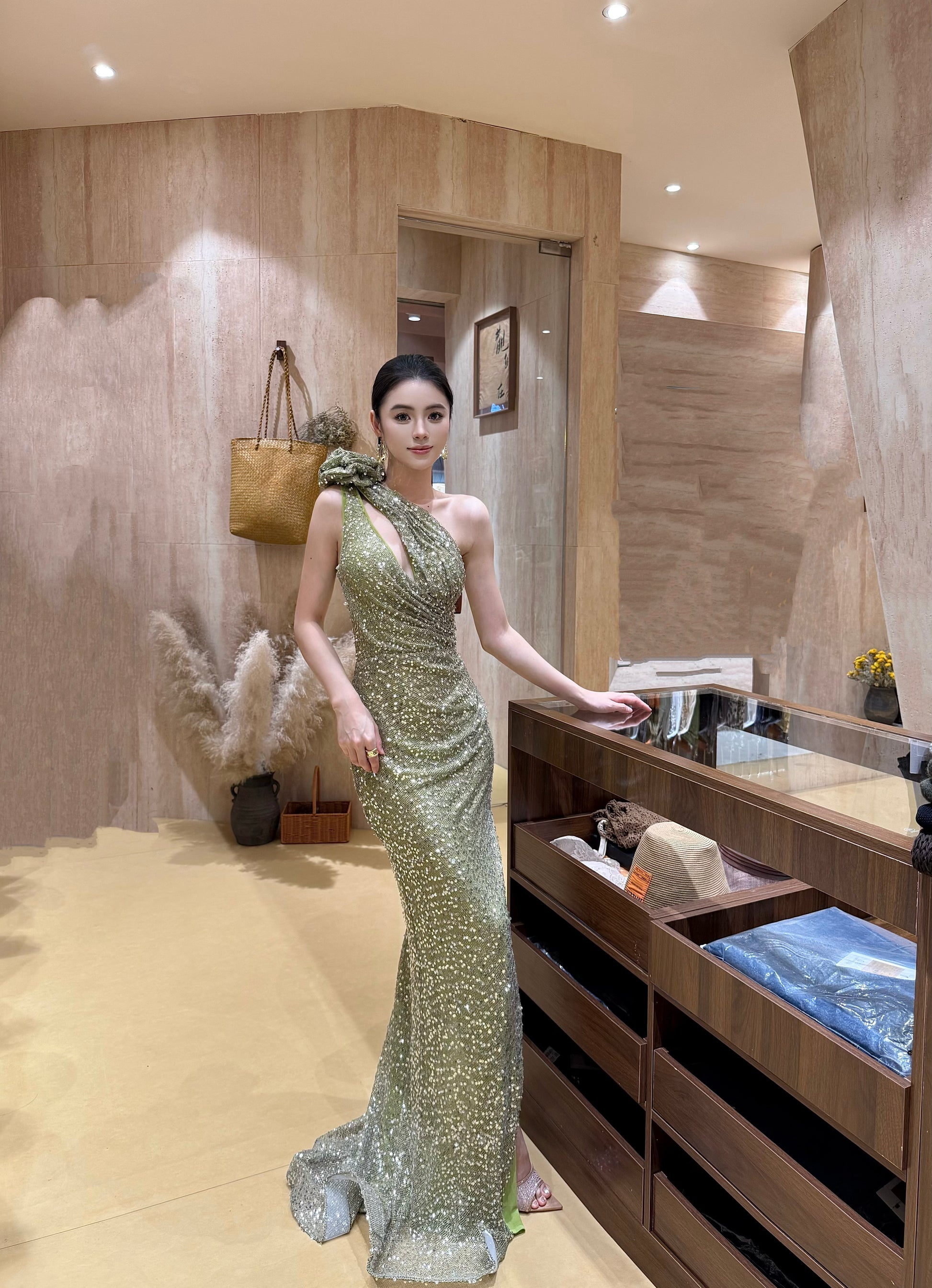 High Slit Off Shoulder Dress With a Sparkling Green Light Dress Y118