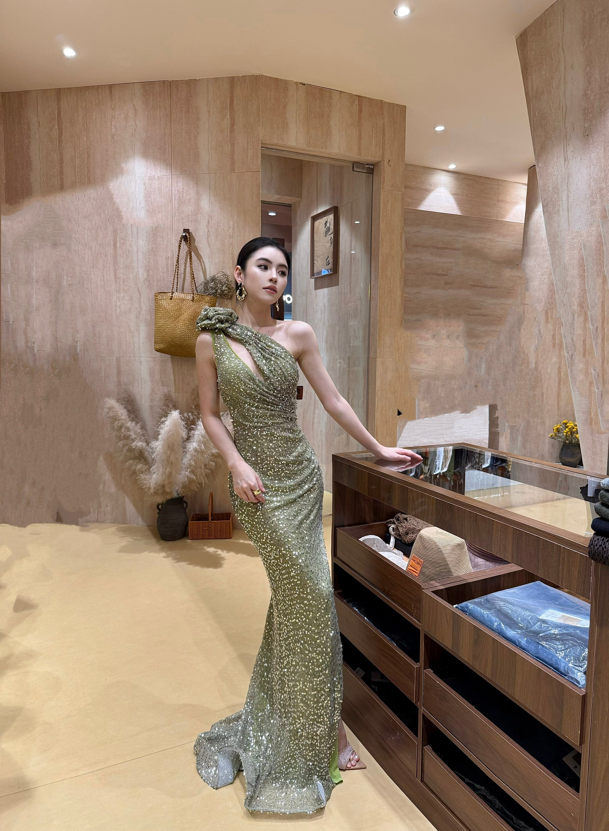 High Slit Off Shoulder Dress With a Sparkling Green Light Dress Y118