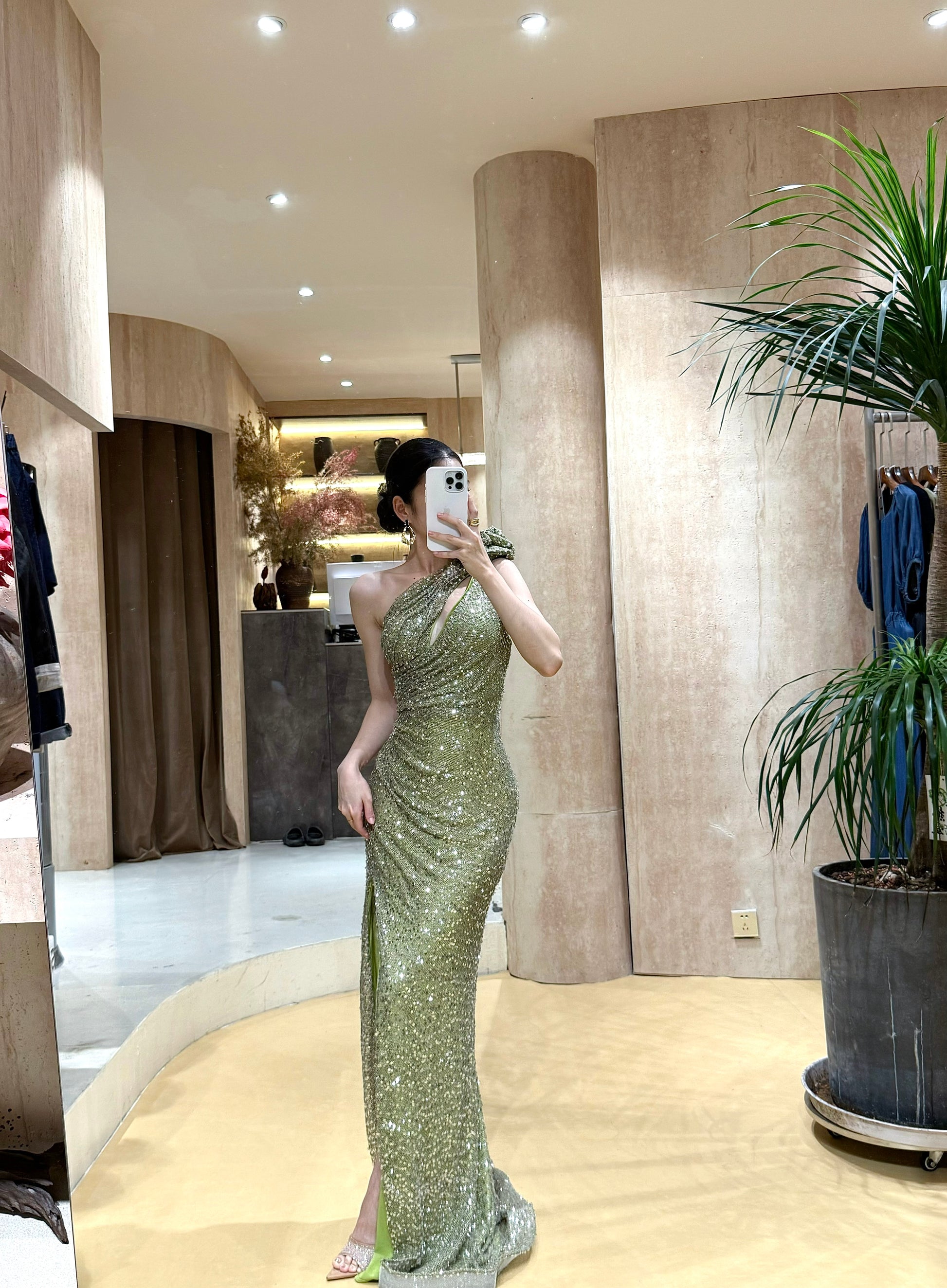High Slit Off Shoulder Dress With a Sparkling Green Light Dress Y118