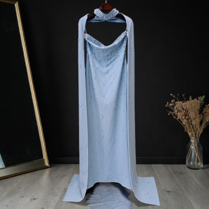 Blue Strapless Evening Gown Embellishments with Cape Train SL177