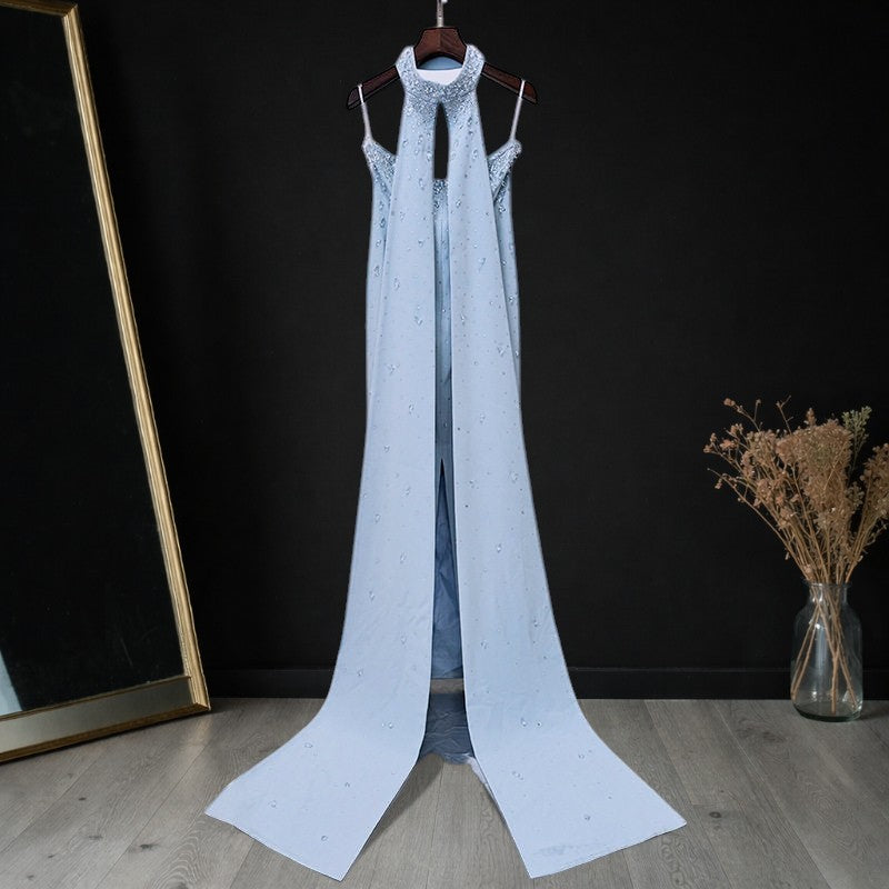 Blue Strapless Evening Gown Embellishments with Cape Train SL177