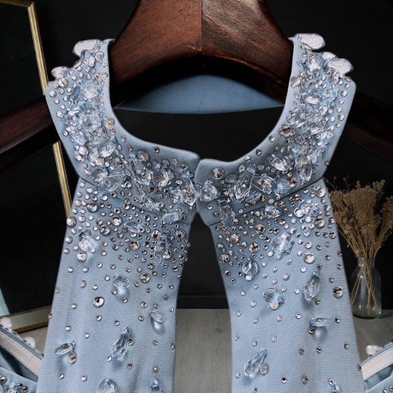 Blue Strapless Evening Gown Embellishments with Cape Train SL177