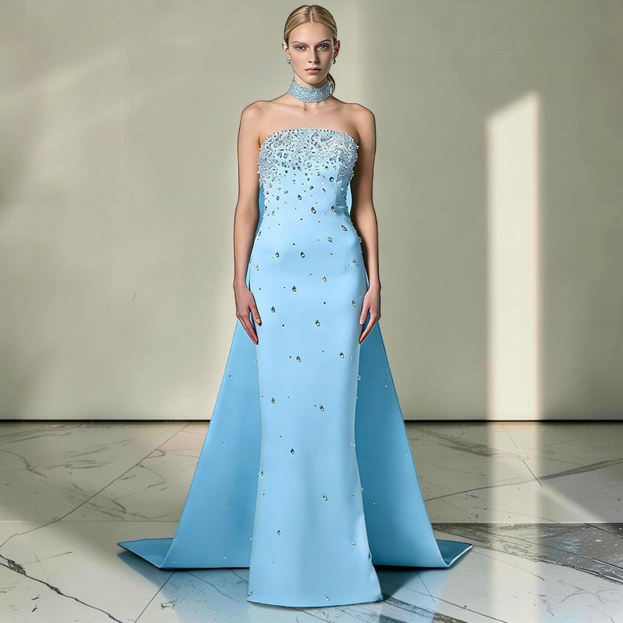 Blue Strapless Evening Gown Embellishments with Cape Train SL177