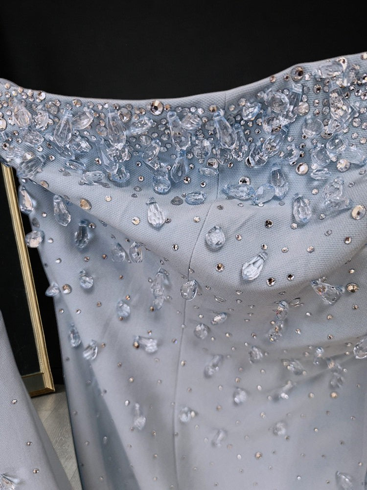 Blue Strapless Evening Gown Embellishments with Cape Train SL177