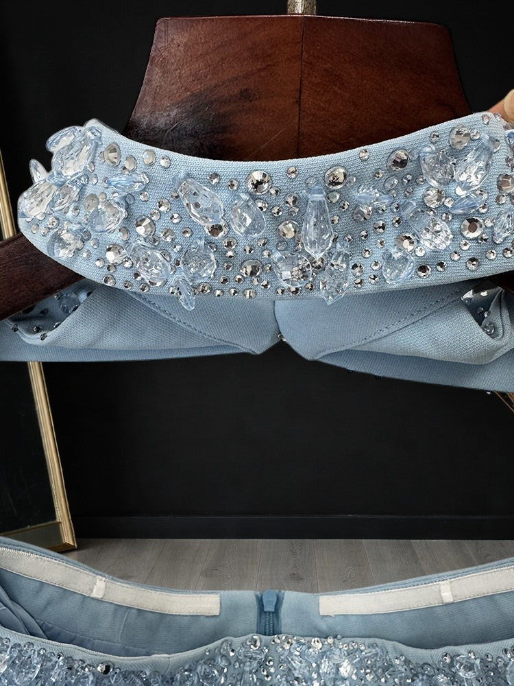Blue Strapless Evening Gown Embellishments with Cape Train SL177