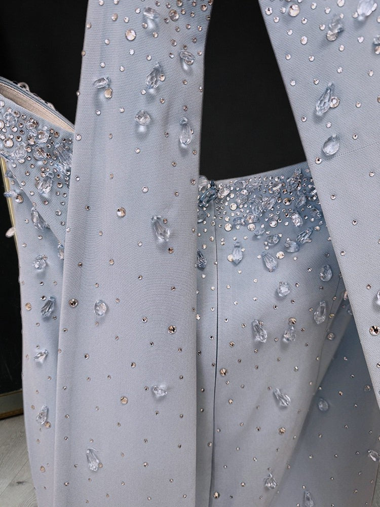Blue Strapless Evening Gown Embellishments with Cape Train SL177