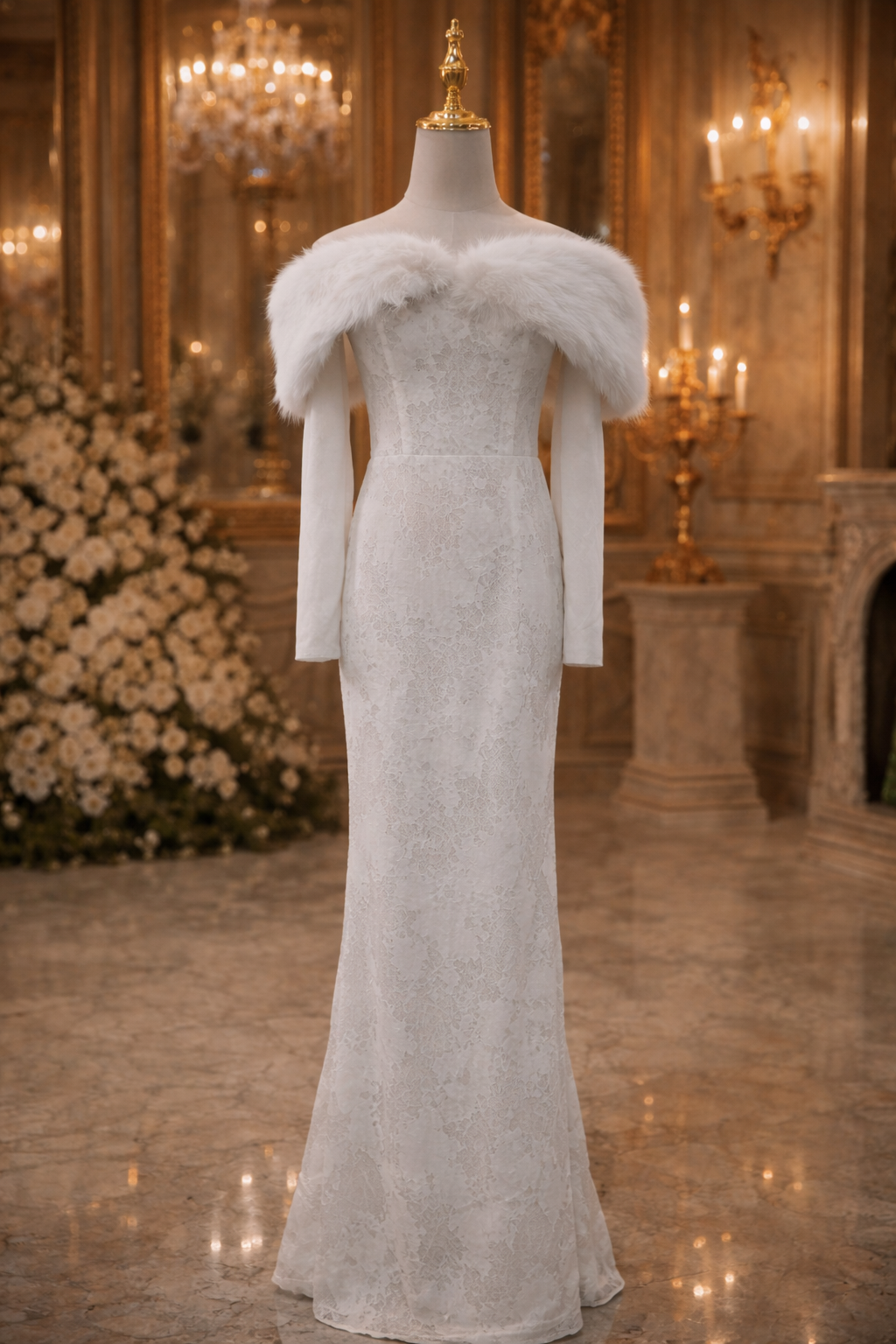 Ivory Long Sleeve with Feathered Capelet Evening Dress SML002
