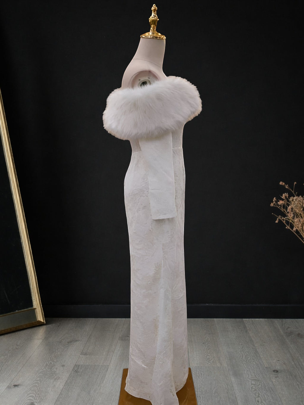 Ivory Long Sleeve with Feathered Capelet Evening Dress SML002
