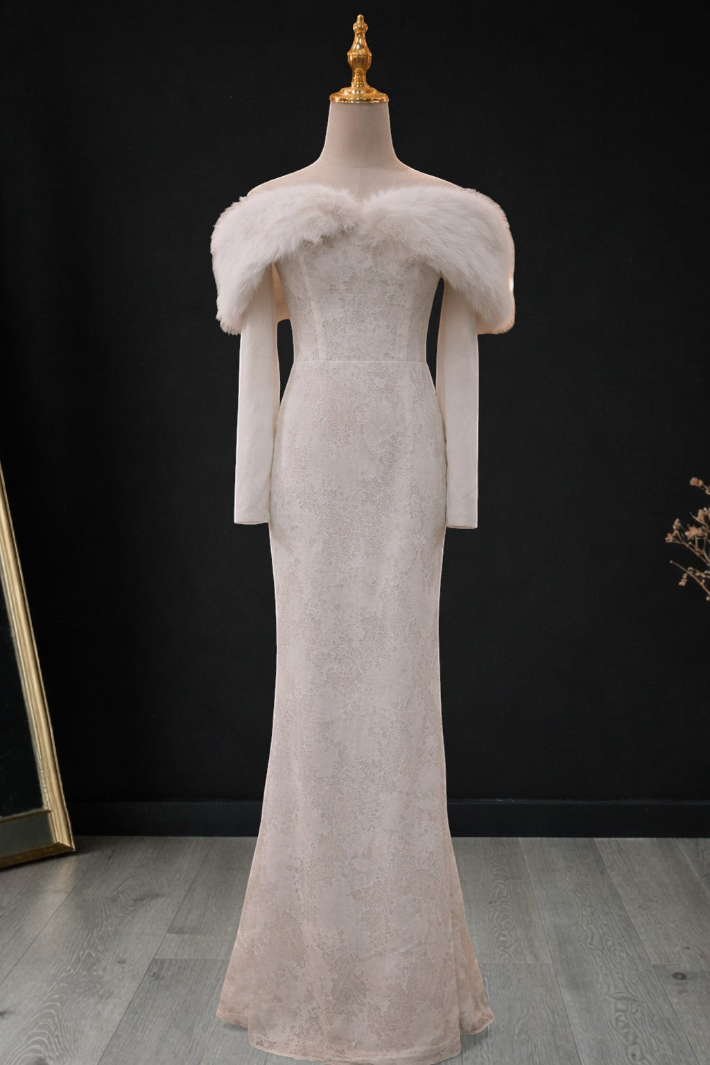 Ivory Long Sleeve with Feathered Capelet Evening Dress SML002