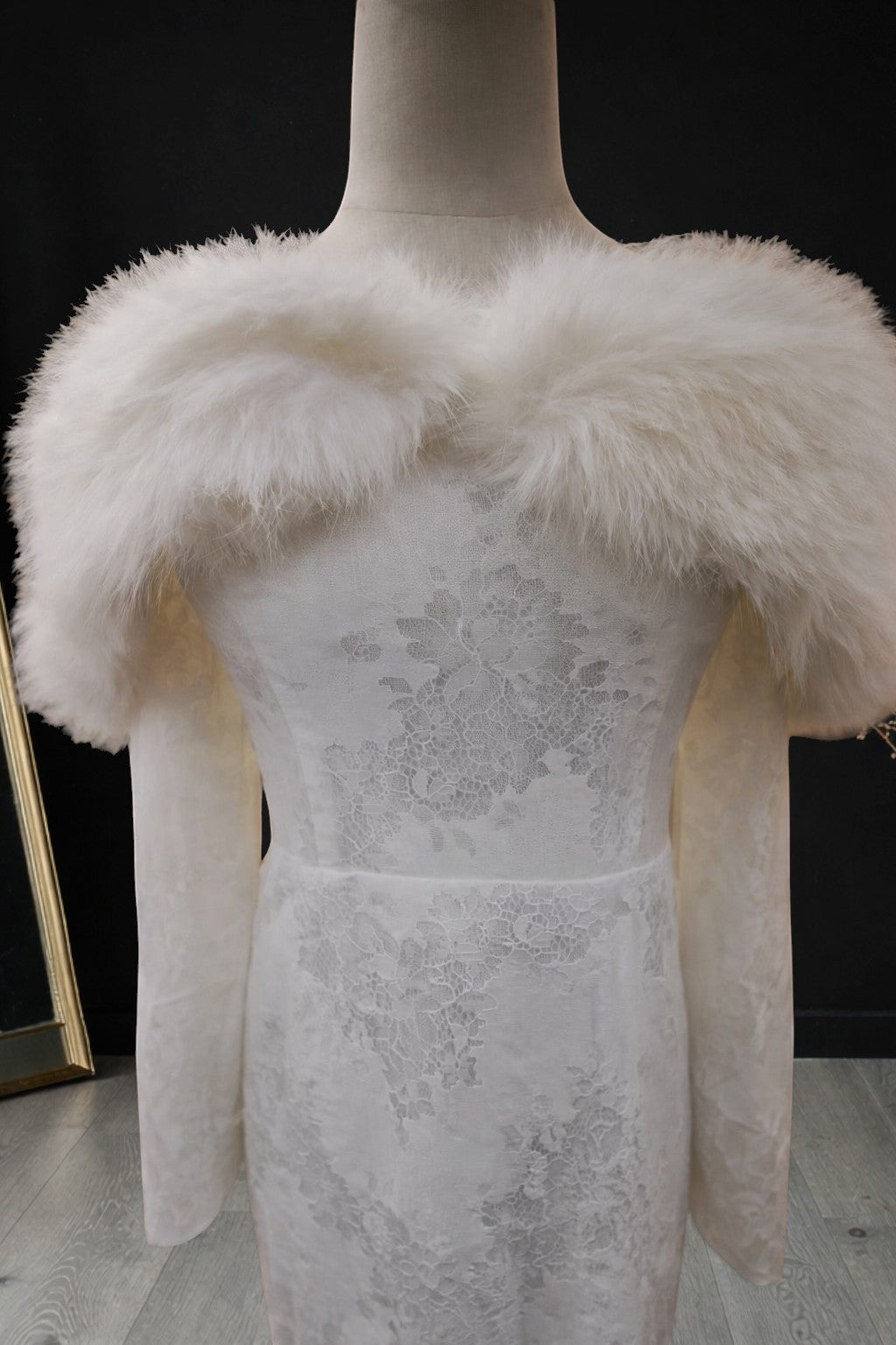 Ivory Long Sleeve with Feathered Capelet Evening Dress SML002