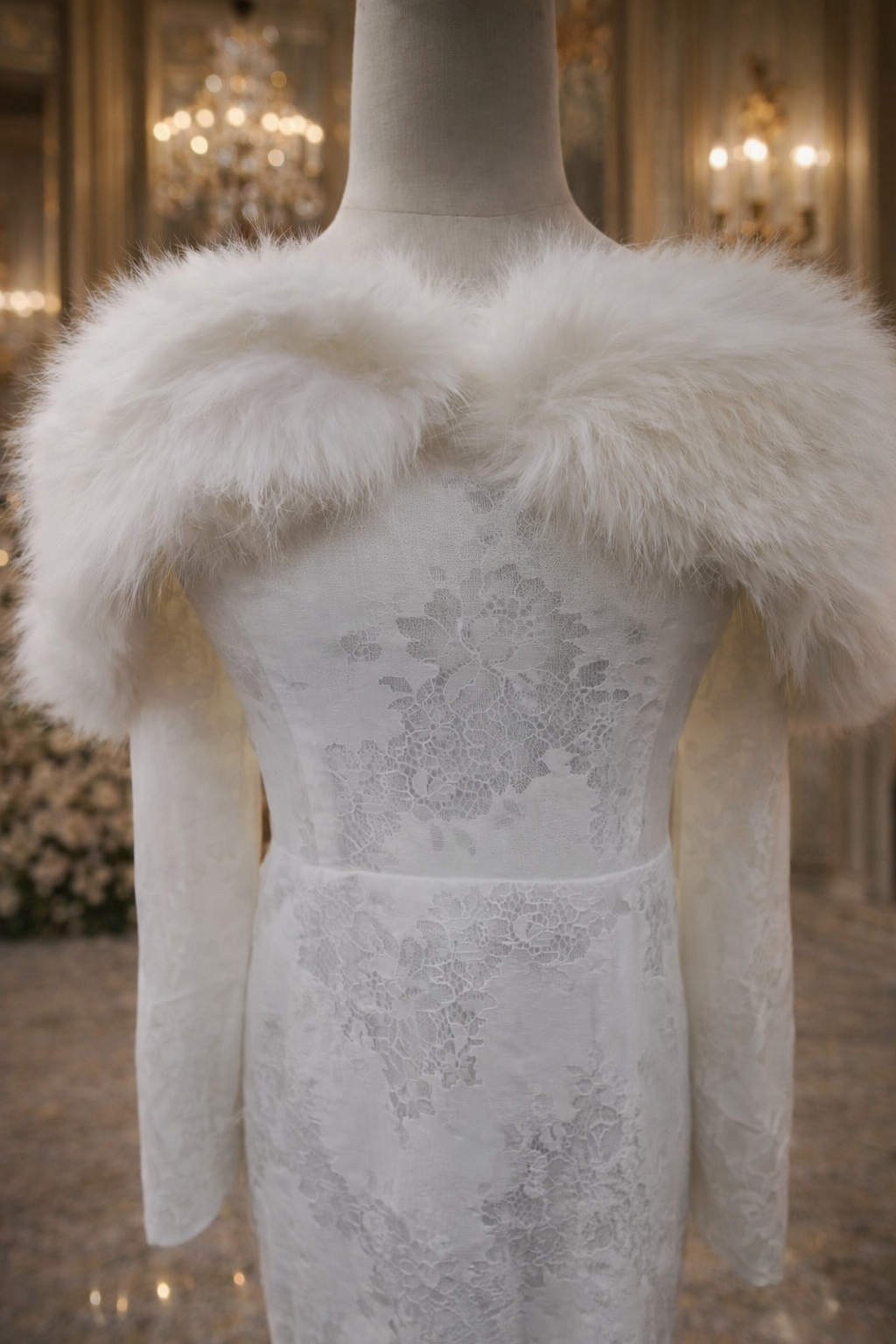 Ivory Long Sleeve with Feathered Capelet Evening Dress SML002