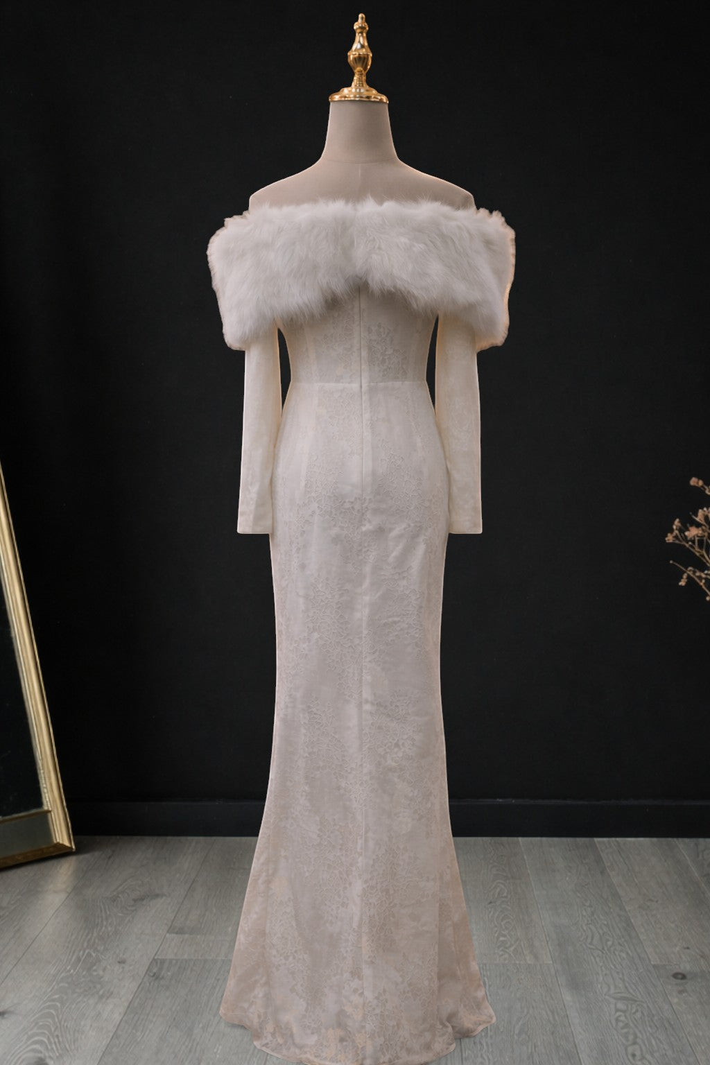 Ivory Long Sleeve with Feathered Capelet Evening Dress SML002