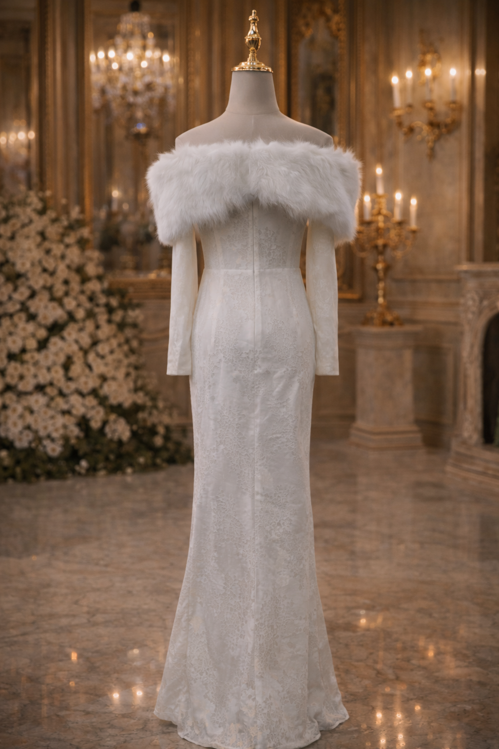 Ivory Long Sleeve with Feathered Capelet Evening Dress SML002