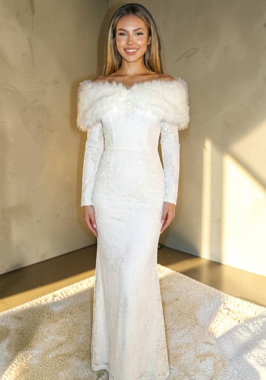 Ivory Long Sleeve with Feathered Capelet Evening Dress SML002
