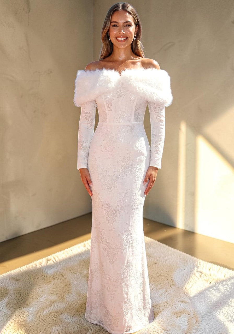 Ivory Long Sleeve with Feathered Capelet Evening Dress SML002