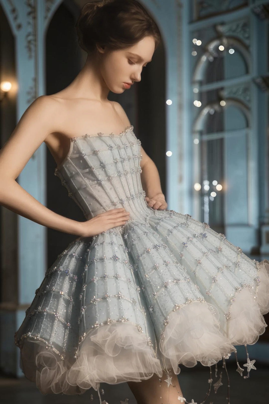 High-End Custom Blue Stardust Princess Evening Dress TD012