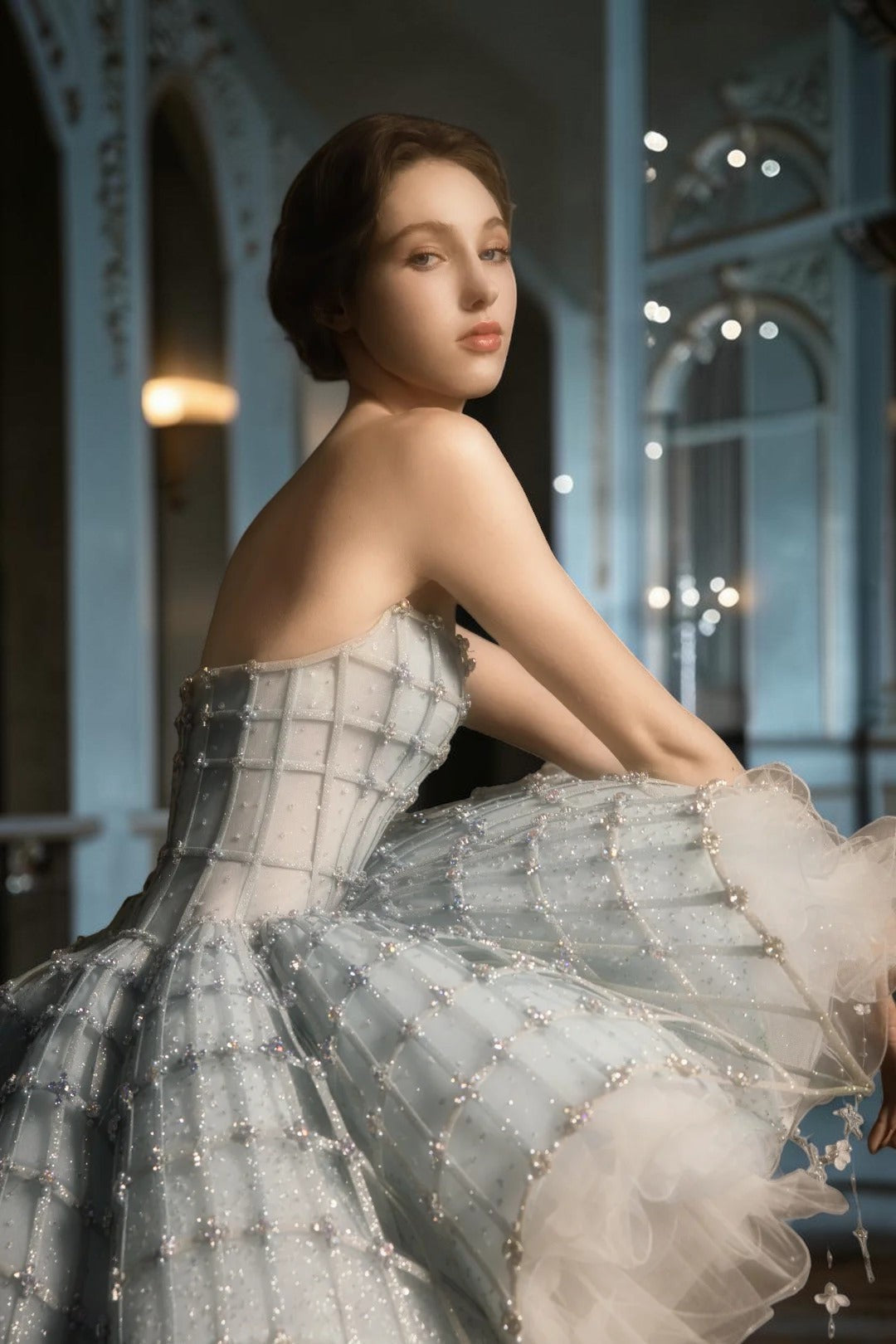 High-End Custom Blue Stardust Princess Evening Dress TD012