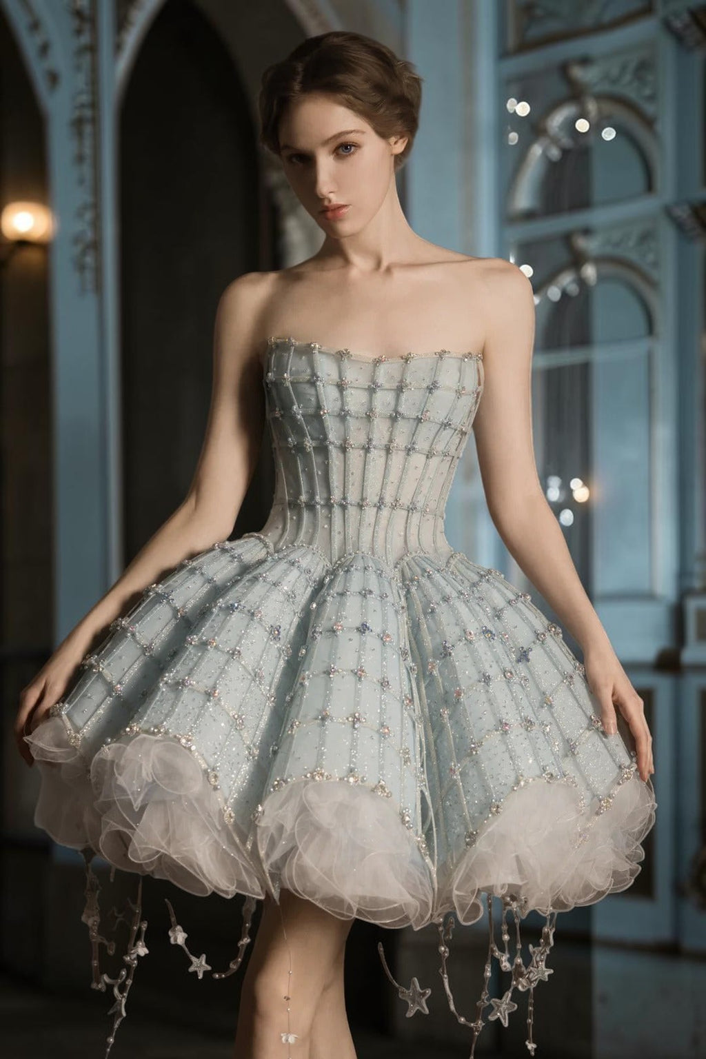 High-End Custom Blue Stardust Princess Evening Dress TD012
