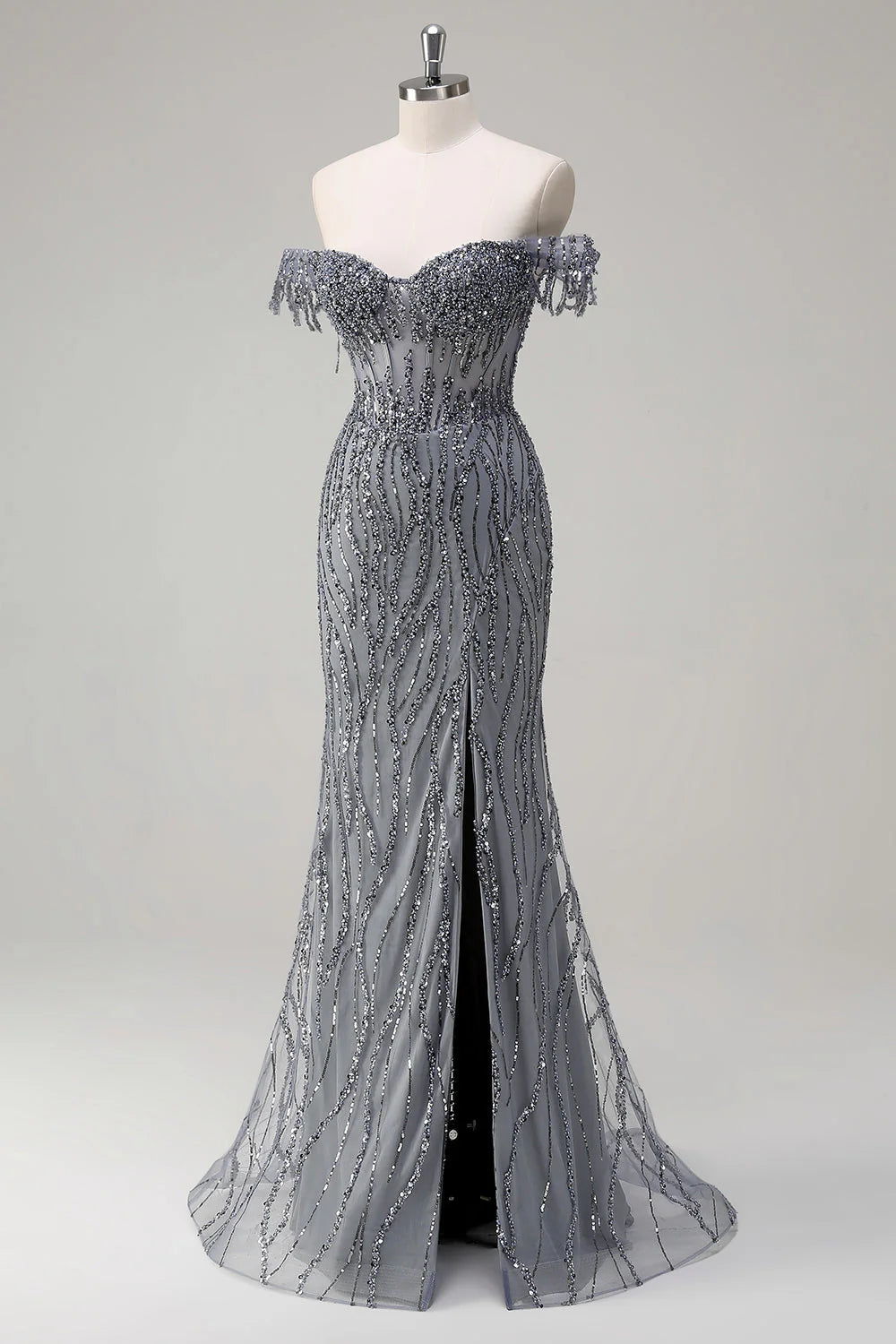 Luxury Beads Off Shoulder with Slit Long Prom Dress CZ155