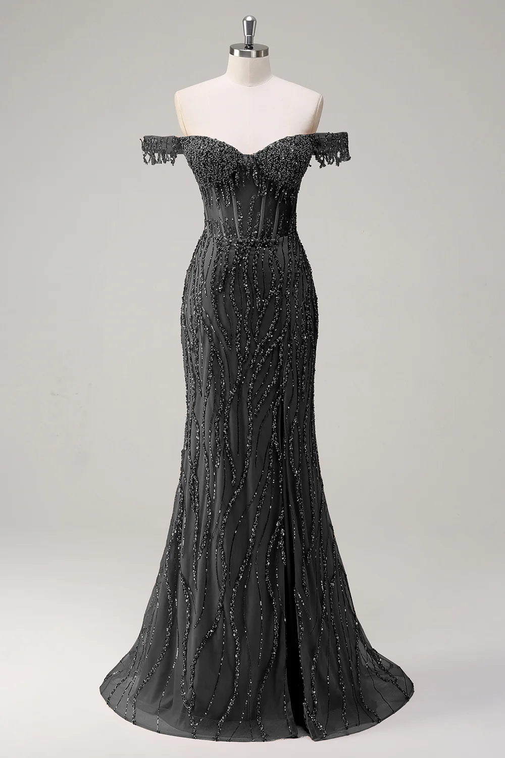 Luxury Beads Off Shoulder with Slit Long Prom Dress CZ155