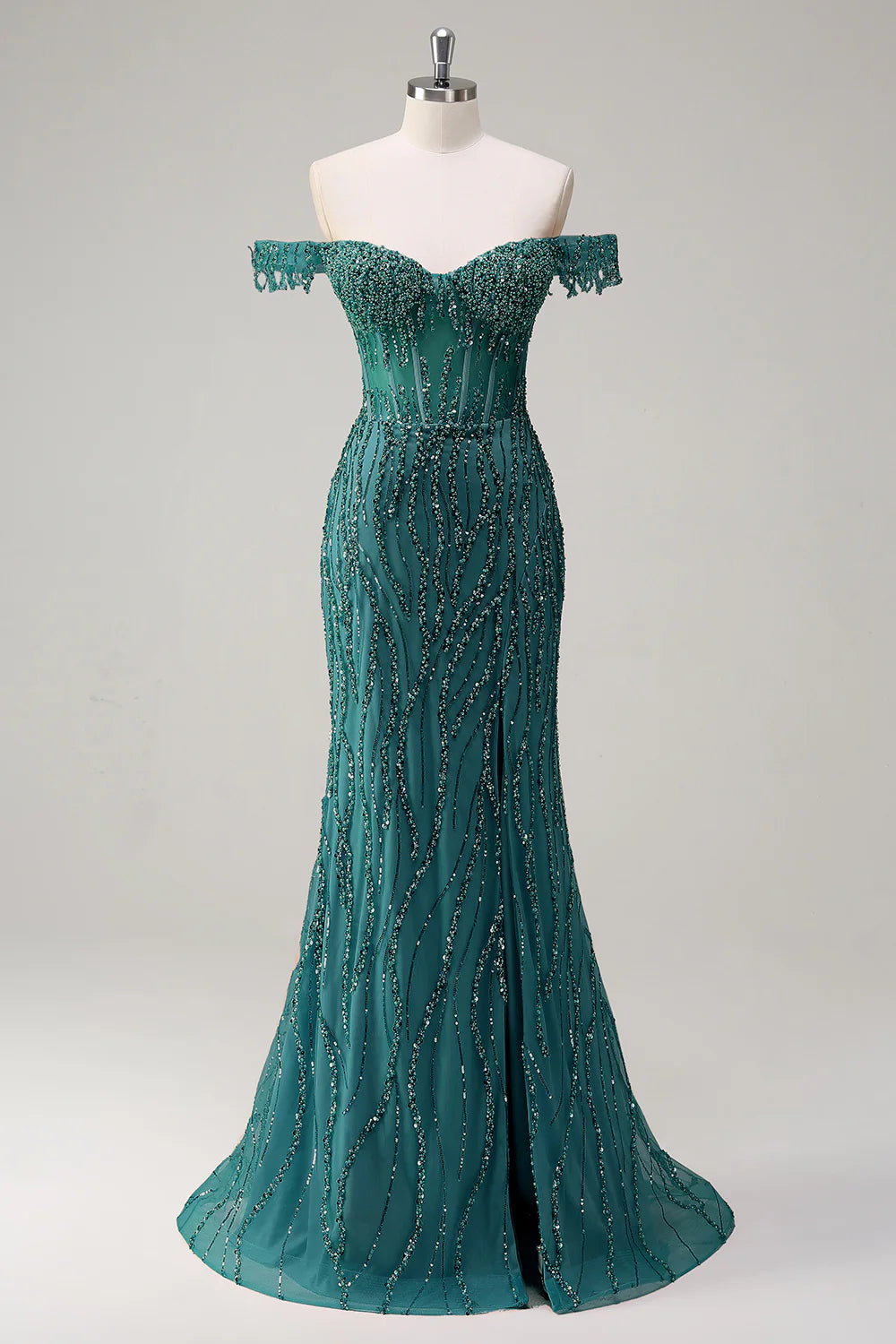 Luxury Beads Off Shoulder with Slit Long Prom Dress CZ155