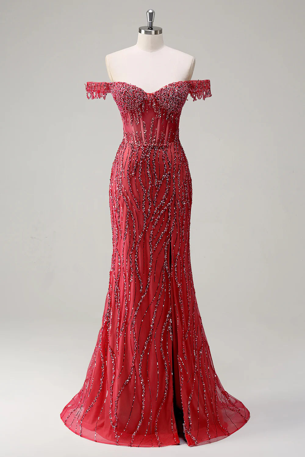 Luxury Beads Off Shoulder with Slit Long Prom Dress CZ155