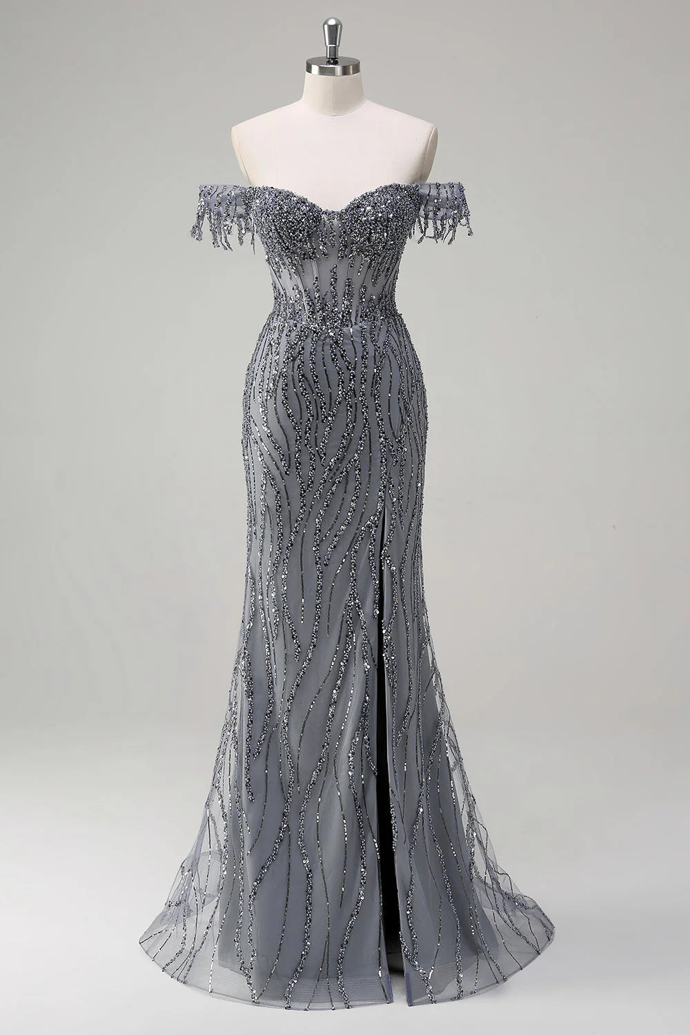 Luxury Beads Off Shoulder with Slit Long Prom Dress CZ155