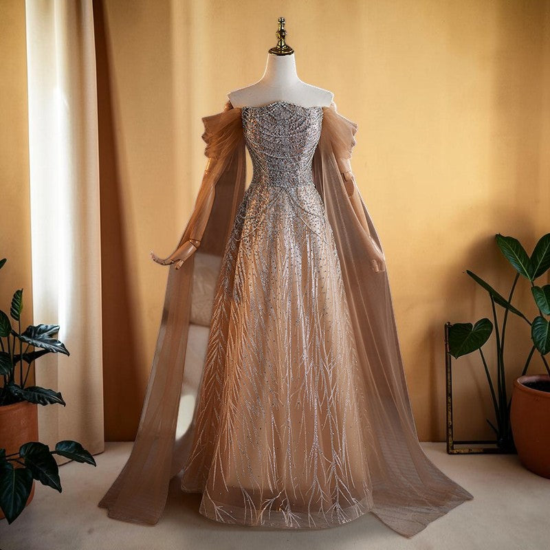 Luxury Champagne Off-Shoulder Beaded Evening Gown SL201